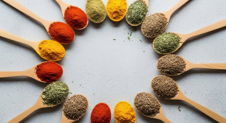 Wooden spoons filled with colorful spices like red chili, yellow turmeric, green herbs, and brown cumin seeds arranged in a circle on a light grey surface. Top view with copy space, ideal for culinary themes.の素材