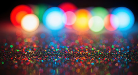 A close up abstract photographic shot of a surface covered in vibrant multi colored glitter with blurred colorful bokeh lights in the background.の素材