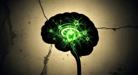 A conceptual illustration of a human brain silhouette with glowing green neural connections and a bright energy core, symbolizing intelligence and technology.の素材