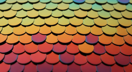 A close up view of overlapping metallic scales with a vibrant iridescent rainbow color gradient, creating a shimmering abstract texture.の素材