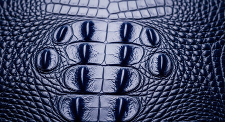 Close up of deep blue glossy crocodile skin texture with visible scales and natural patterns. Ideal for luxury fashion, exotic leather, or animal print concepts.の素材