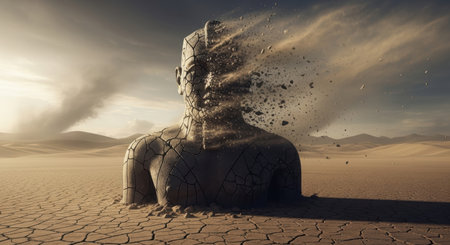 A cracked human like figure emerges from a dry, arid desert landscape, with its head disintegrating into dust and particles. The scene depicts concepts of decay, erosion, and environmental crisis.の素材