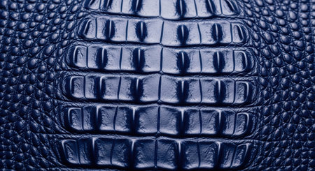 Close up of deep blue glossy crocodile skin texture, showing detailed scales and natural pattern. Exotic animal leather for luxury fashion and design.の素材