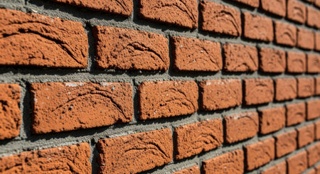 A close up view of an aged orange red brick wall with coarse texture and dark grey mortar lines, showcasing a durable and classic architectural surface.の素材