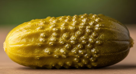 A close up macro shot of a single green dill pickle or gherkin, showcasing its textured, bumpy surface. This fresh, crunchy vegetable is often used as a snack or condiment.の素材