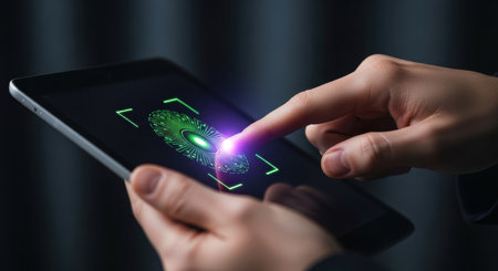 Hands interact with a tablet showing a digital fingerprint scan for biometric authentication and data security. The scene highlights modern technology and access control.の素材