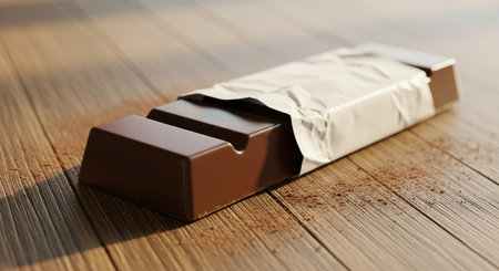A close up view of a dark chocolate bar, partially unwrapped from its silver foil, resting on a wooden table. Scattered cocoa powder or chocolate crumbs are visible around the bar, highlighting its rich texture and delicious appeal.の素材