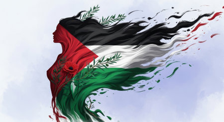 A powerful silhouette of a woman emerges from a swirling, abstract representation of the palestinian flag, adorned with olive branches and a red poppy, symbolizing identity and heritage.の素材