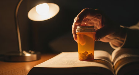 A hand holds an orange pill bottle filled with medication, resting on an open book, illuminated by a desk lamp. The scene depicts health, reading, and daily routine.の素材