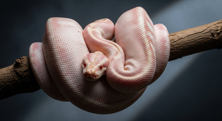 A close up studio shot of a rare albino burmese python with pink and white scales, intricately coiled around a weathered tree branch. Its striking red eyes are clearly visible.の素材