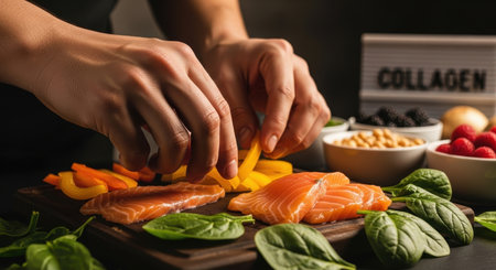 Chef hands arrange fresh salmon, spinach, and bell peppers on a cutting board. Various ingredients like berries and chickpeas, and a collagen sign are visible, highlighting healthy meal preparation.の素材