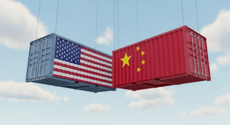 Two shipping containers, one with the usa flag and the other with the china flag, suspended in the sky. This symbolizes international trade, economic relations, and global supply chain dynamics between the two nations.の素材