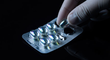 A hand in a white medical glove takes a shimmering iridescent capsule from a silver blister pack. The pack contains multiple clear capsules reflecting rainbow colors, set against a dark background, highlighting medication and health concepts.の素材
