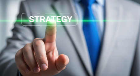 Businessman hand touching a virtual screen with the word strategy highlighted with a green light effect. Concept of business planning and future decision making.の素材