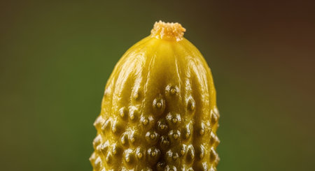 A close up macro shot of a single small dill pickle or gherkin, highlighting its textured surface and vibrant greenish yellow color against a blurred background.の素材