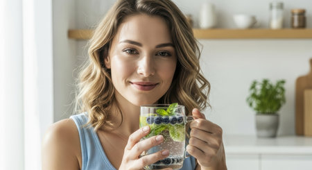 A smiling young woman with blonde hair holds a glass of refreshing infused water with blueberries and mint in a bright kitchen setting. Focus on healthy hydration.の素材