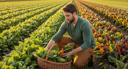 A young man harvests fresh green spinach and vibrant swiss chard into a basket in a large agricultural field during golden hour.の素材