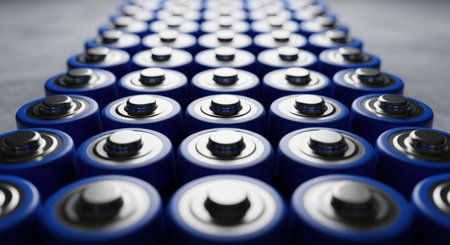 Close up view of numerous cylindrical batteries with blue bodies and shiny silver tops, arranged in parallel rows. Represents energy, power, and modern technology.の素材
