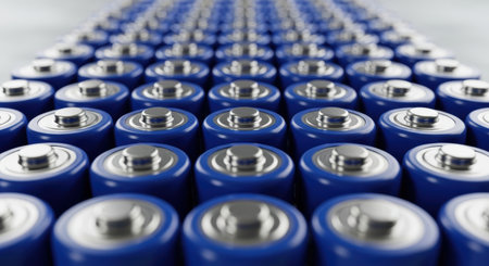 A close up view of multiple rows of blue cylindrical batteries with silver tops, arranged uniformly. This represents energy storage, power supply, and modern technology.の素材