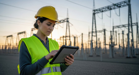 Female engineer in a hard hat and safety vest uses a tablet at an electric power station during sunrise, overseeing operations.の素材