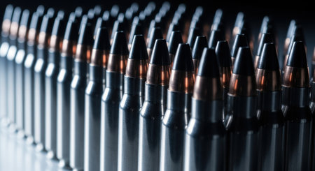 A close up view of meticulously arranged silver ammunition cartridges with black tips and copper bases, lined up in neat rows. This image conveys themes of military, defense, and power.の素材