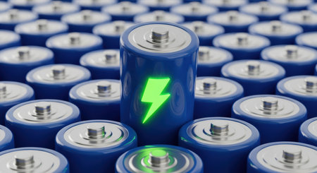 A close up view of numerous blue batteries arranged in a grid, with one battery prominently displaying a glowing green lightning bolt symbol, representing energy and power.の素材