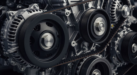 Close up view of a modern car engine drive belt system, showing the black belt wrapped around metallic pulleys and the alternator. Focus on automotive mechanics and engineering.の素材