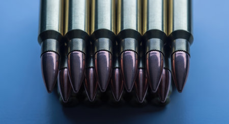 A close up view of multiple shiny rifle ammunition cartridges with brass casings and copper projectiles neatly arranged on a blue surface.の素材
