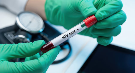A close up of gloved hands holding a test tube with a positive hiv test result. Medical equipment is visible in the background.の素材