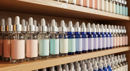 Rows of clear and blue glass dropper bottles with silver caps and pastel blank labels on wooden shelves, ideal for beauty and essential oil products.の素材