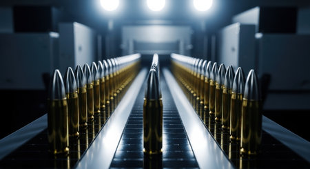 Numerous rows of newly manufactured bullets with brass casings and silver tips on an industrial production line, highlighting precision ammunition manufacturing.の素材
