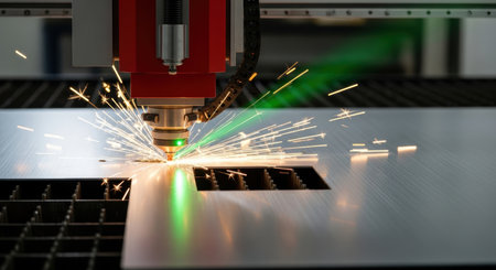 A red laser cnc cutting machine precisely cuts a brushed aluminum sheet, generating bright sparks and a green laser beam in an industrial setting, showcasing modern manufacturing technology.の素材