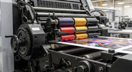 An industrial offset printing press actively printing a colorful design on paper. The machine features multiple ink rollers and complex mechanical components in a factory setting.の素材