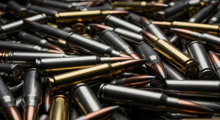 A close up view of a large pile of rifle ammunition cartridges, featuring silver steel and golden brass casings with dark tips. Symbolizing conflict, war, and defense.の素材