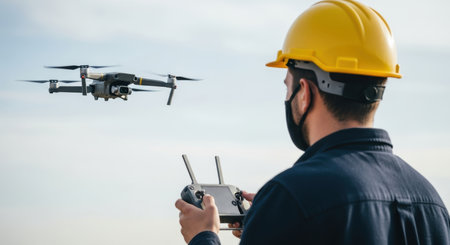A man in a yellow hard hat and face mask operates a drone with a remote control. The drone flies in the sky, representing modern technology in construction, inspection, and aerial surveillance.の素材