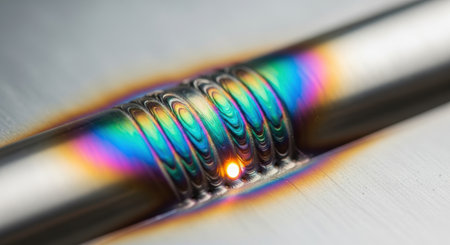 Close up of a stainless steel tig weld bead, showing distinct ripples and vibrant rainbow heat tinting from the welding process.の素材