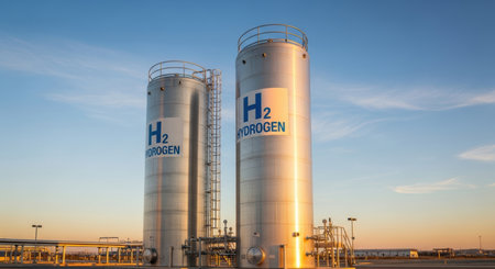 Two large, silver hydrogen storage tanks with h2 labels stand tall under a clear sky, representing clean energy and industrial storage solutions. Pipes and industrial structures are visible at the base, highlighting sustainable fuel infrastructure.の素材