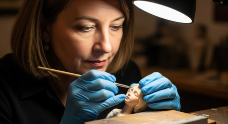 A skilled woman miniaturist artist wearing blue gloves meticulously paints the face of a small figurine with a fine brush under a bright lamp. This captures precision and craftsmanship.の素材