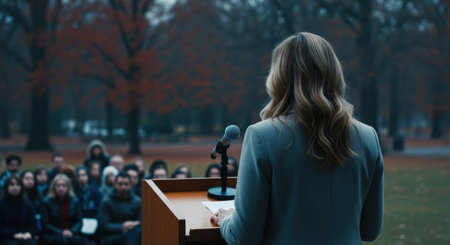 A woman from behind speaks at a podium with a microphone to an outdoor audience on an overcast autumn day. Public speaking event or lecture.の素材