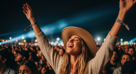 A young woman with a cowboy hat and raised arms sings along at a vibrant night music concert or festival, surrounded by a cheering crowd.の素材