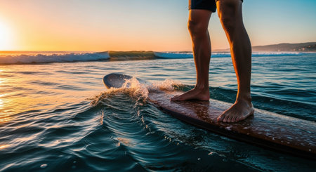 Low angle view of a person bare feet standing on a wooden surfboard in the ocean at sunset, with waves and golden light. Focus on water sports and balance.の素材