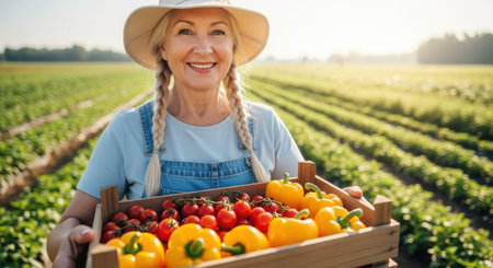 A cheerful senior woman farmer wearing a hat and overalls, holding a wooden crate filled with fresh red tomatoes and yellow bell peppers in a sunny agricultural field. The scene highlights organic harvest and sustainable farming practices.の素材