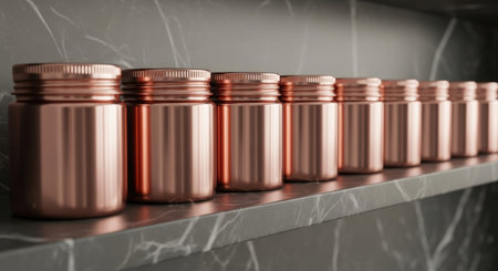 A row of perfectly aligned rose gold metallic jars with screw tops on a dark marble shelf. Clean, modern design for product display, packaging, or cosmetic storage.の素材