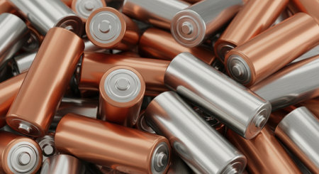 A large pile of cylindrical aa batteries, featuring a mix of copper and brushed chrome metallic finishes, loosely piled together representing energy and power.の素材