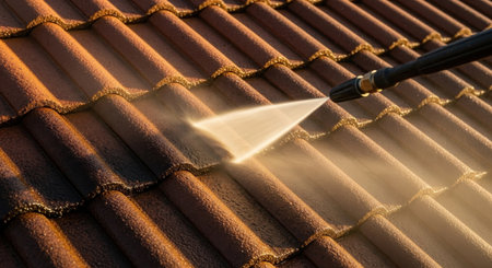 Pressure washer cleaning dirty terracotta roof tiles, showing a clear before and after effect. Water stream removes grime, revealing clean, wet surfaces. Home maintenance concept.の素材