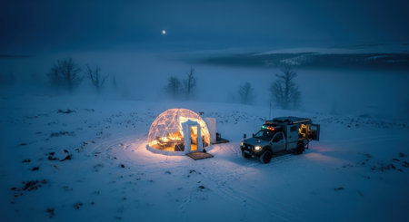 An illuminated geodesic dome tent and an adventure truck parked in a snowy, misty landscape at night under a moonlit sky, suggesting unique winter camping.の素材