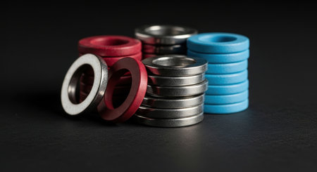 Stacks of metallic, red, and blue washers arranged on a dark surface. These industrial hardware components are essential fasteners for mechanical and engineering applications.の素材