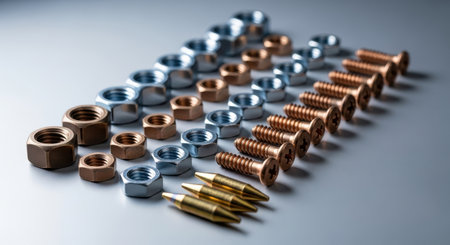 A collection of assorted metal nuts, bronze screws, and brass pointed tips arranged in neat rows on a light gray surface, showcasing industrial hardware.の素材
