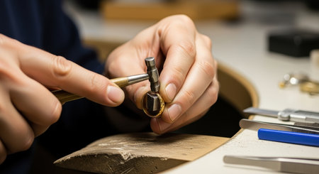 A close up of a jeweler hands meticulously working on a gold ring with a small hammer and precision tools in a workshop. Focus on craftsmanship and detail.の素材