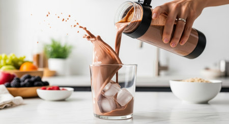 Woman pouring chocolate milk from a shaker bottle into a glass with ice and a splash. Healthy breakfast ingredients like fruits and oats are on a bright kitchen counter.の素材